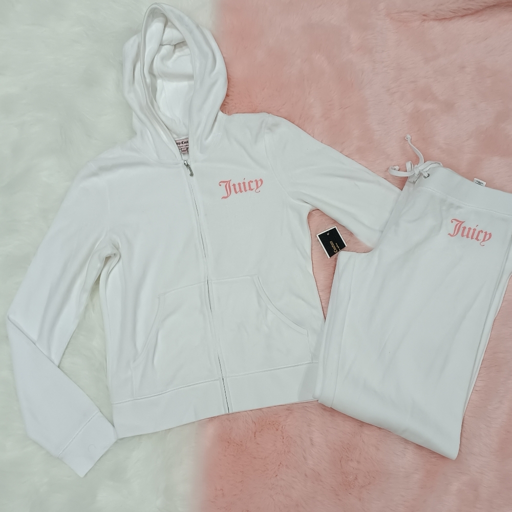 NWT Juicy Couture TrackSuit Matching Set White Pink Jacket Pants Large Rare
